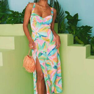 NEW Women's Leaves Print Split Tank Dress, Criss Cross Back, Sleeveless, Small